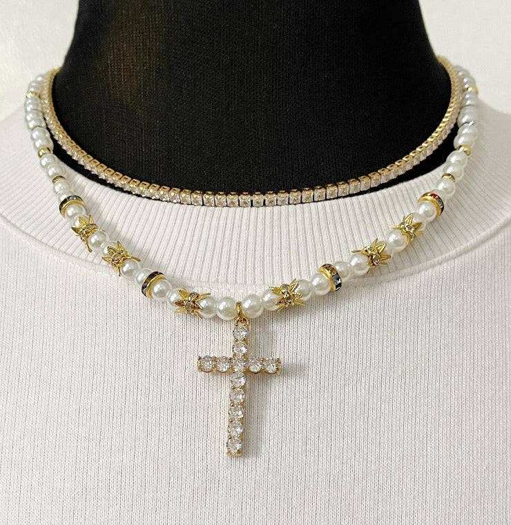 Luminous Cross Pearl Necklace