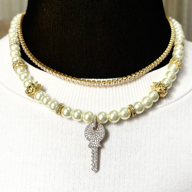 Iced Key Pearl Necklace