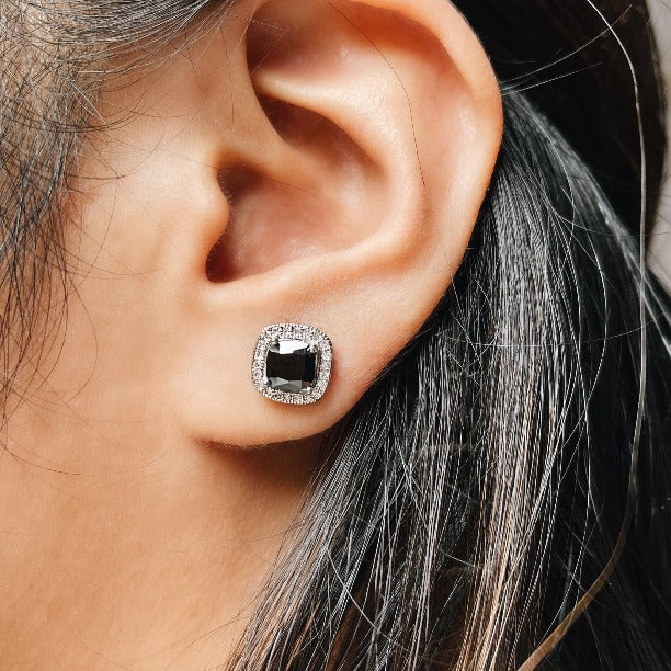 Black & Silver 7mm Cushion-cut Studs