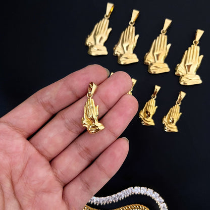 Mini Praying Hands Pendant with Chain. Gold Plated Stainless Steel. Premium Quality, Hypoallergenic, non-tarnish, rust-free. Made by Cold Gold Philippines.
