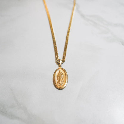 Cold Gold Oval Guadalupe Mary Gold Plated Necklace with Chain