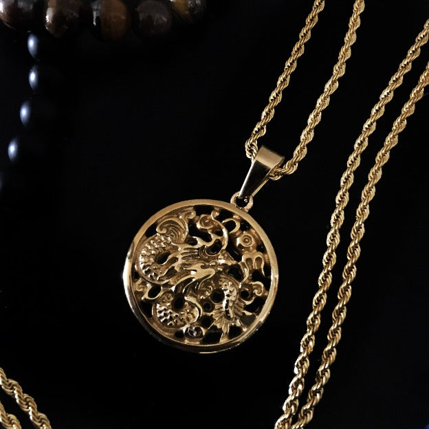 Dragon Medallion - Necklace - Cold Gold Mens Gold Urban Contemporary Hiphop Jewelry