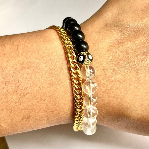 Handmade bead bracelet by Cold Gold Philippines. Features an Evil Eye Iced Out Gold spacer bead and genuine Black Onyx and Clear Quartz. It comes with the CG Infinity Lock for a secure fit.