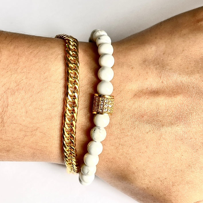 Handmade bead bracelet by Cold Gold Philippines. Features an Iced Out Gold spacer bead and genuine white howlite stones. It comes with the CG Infinity Lock for a secure fit.