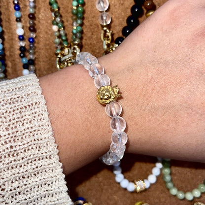 A handcrafted bead bracelet by Cold Gold Philippines. Features our signature crowned lion bead with natural himalayan clear quartz stones.