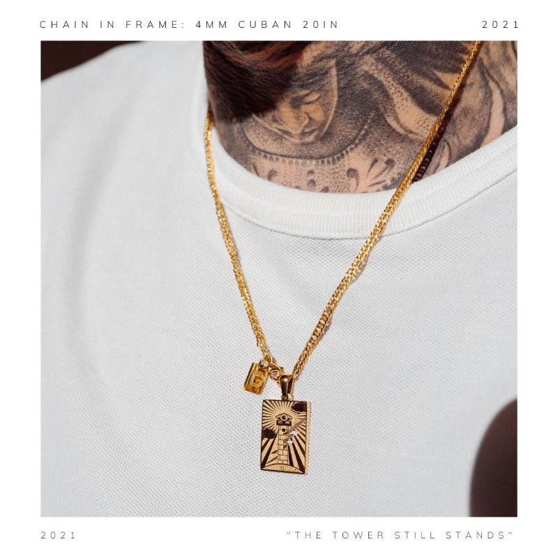 The Tower medallion represents the vision and strength necessary to see through adversity and remain defiant against pressure and the overwhelming odds.  The piece features an eye attached to the turret of a tower, struck by lightning.  It rests on the ground marked with the words “STILL STANDING” along with the official Cold Gold logo."