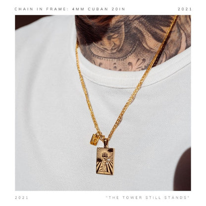The Tower medallion represents the vision and strength necessary to see through adversity and remain defiant against pressure and the overwhelming odds.  The piece features an eye attached to the turret of a tower, struck by lightning.  It rests on the ground marked with the words “STILL STANDING” along with the official Cold Gold logo."