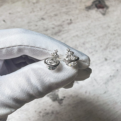 Viviene Westwood Inspired Stud Earrings. Features a rotating Cubic Zirconia Stone with a halo and crown.