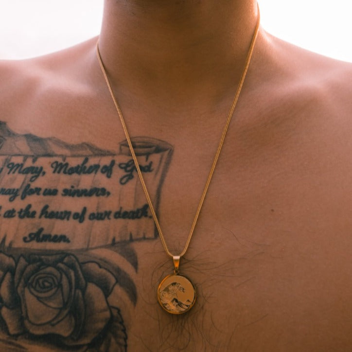 Wave Medallion - Necklace - Cold Gold Mens Gold Urban Contemporary Hiphop Jewelry