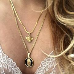 coldgold mini cherub with slim herringbone chain and guadalupe medallion with cuban 24inch