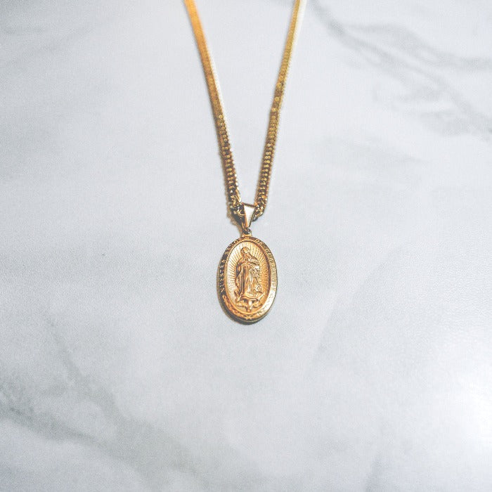 Cold Gold Oval Guadalupe Mary Gold Plated Necklace with Chain