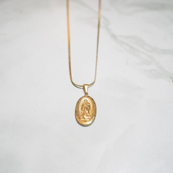 Cold Gold Oval Guadalupe Mary Gold Plated Necklace with Chain