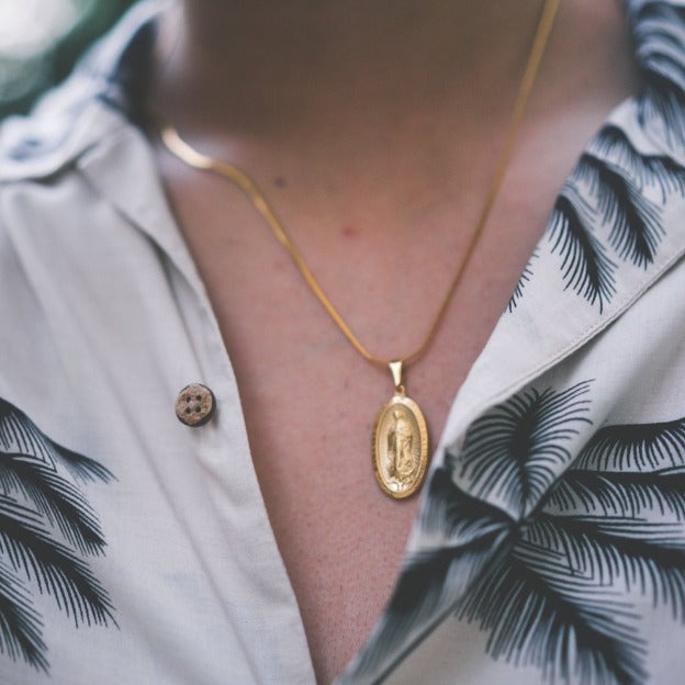 Cold Gold Oval Guadalupe Mary Gold Plated Necklace with Chain