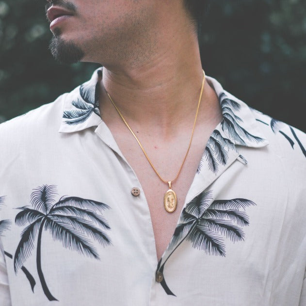 Cold Gold Oval Guadalupe Mary Gold Plated Necklace with Chain
