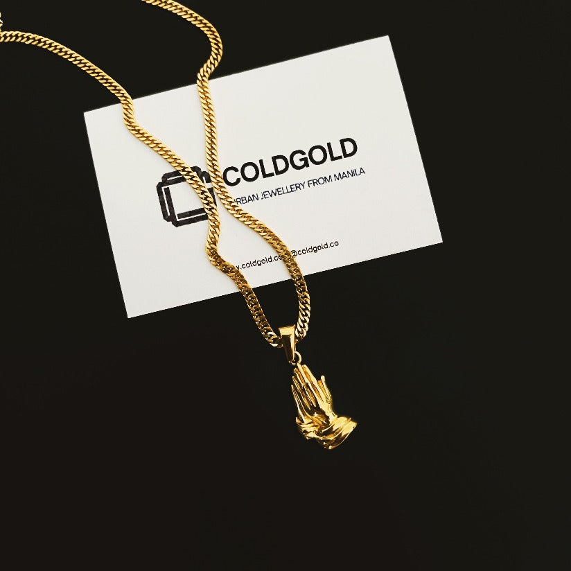 Mini Praying Hands Pendant with Chain. Gold Plated Stainless Steel. Premium Quality, Hypoallergenic, non-tarnish, rust-free. Made by Cold Gold Philippines.