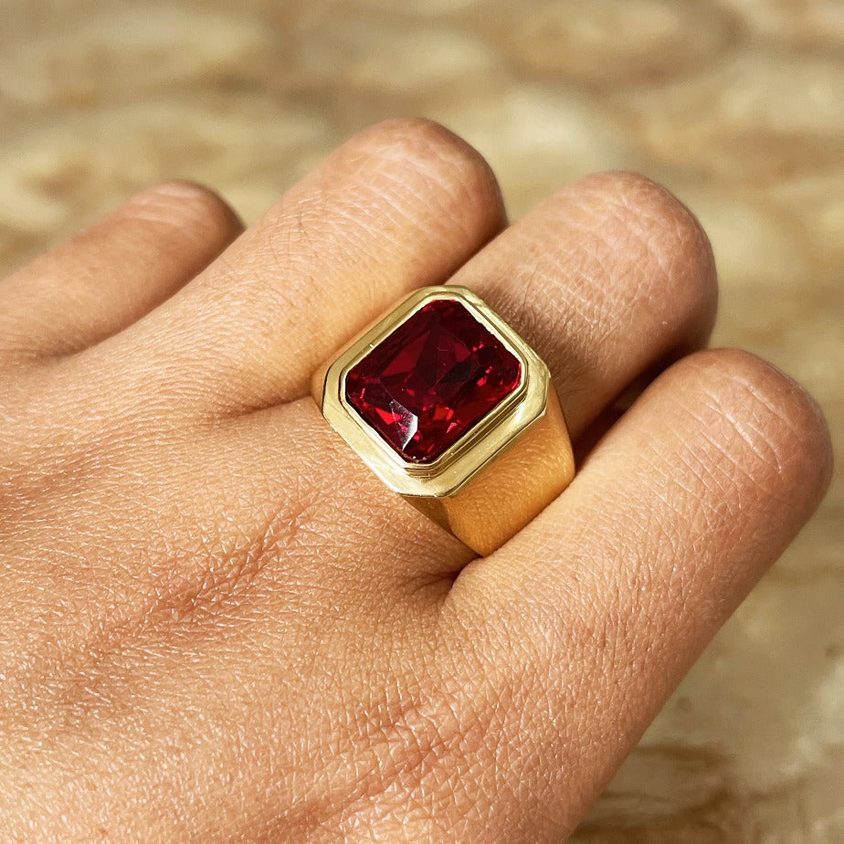 Mens Signet Ring with an Asscher-cut Magenta Stone by Cold Gold Philippines