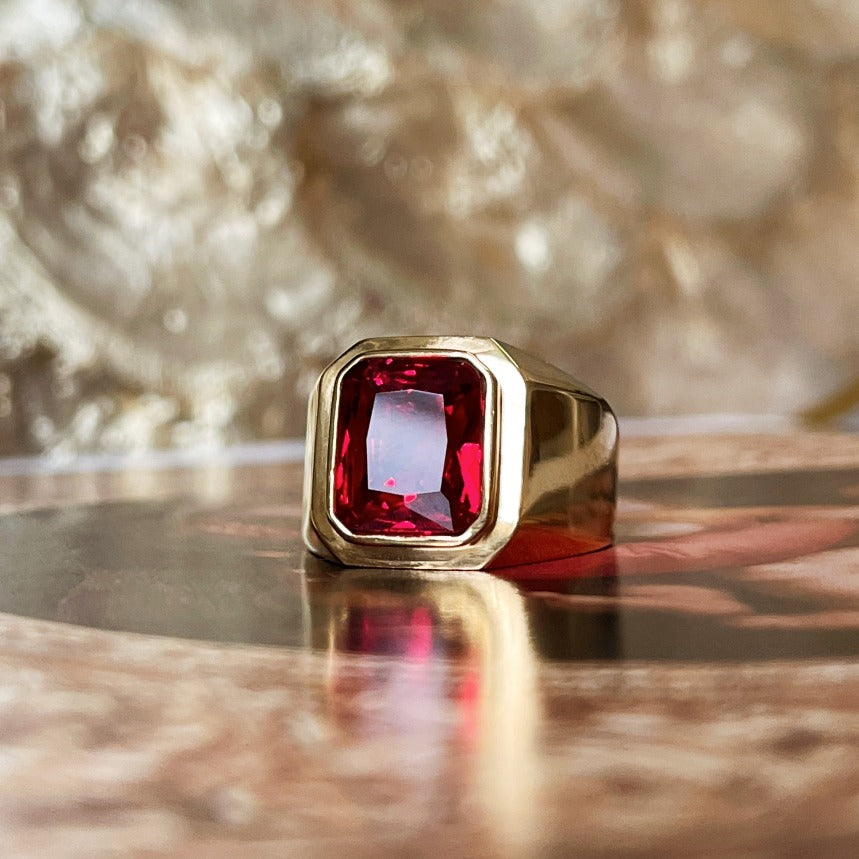 Mens Signet Ring with an Asscher-cut Magenta Stone by Cold Gold Philippines