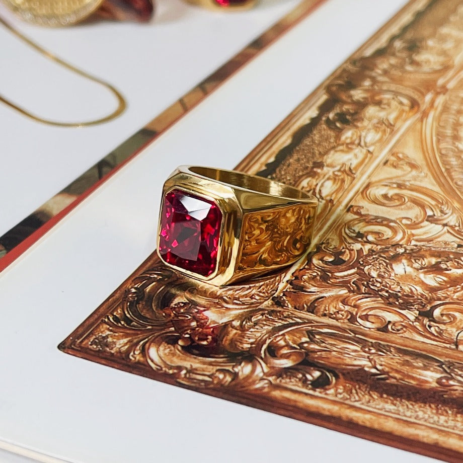 Mens Signet Ring with an Asscher-cut Magenta Stone by Cold Gold Philippines