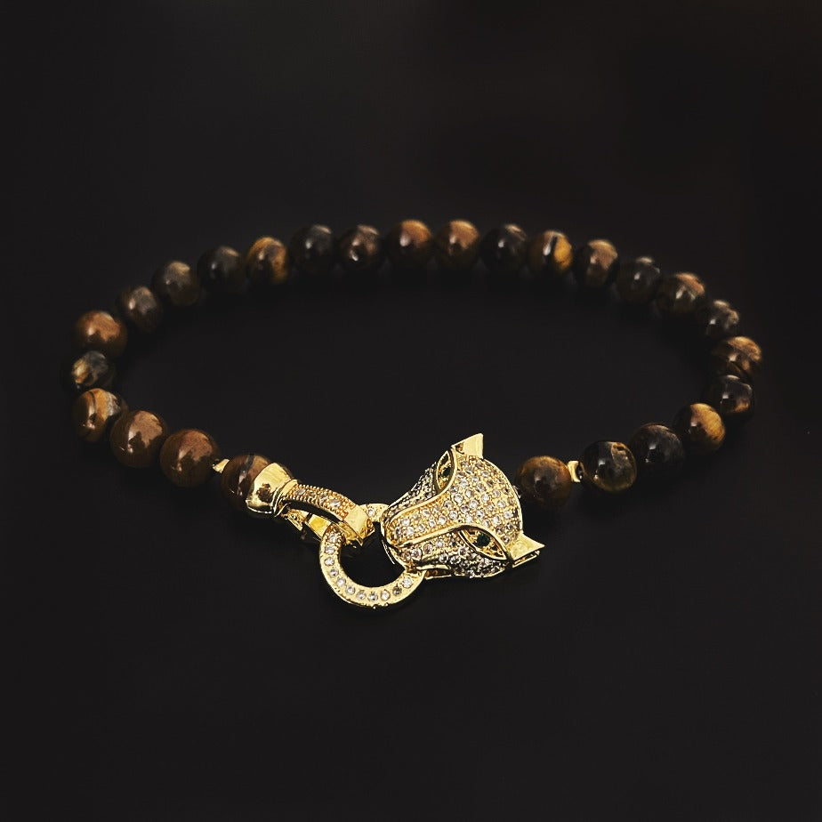 Handmade genuine Tigers Eye bracelet with an iced out Leopard Lock by Cold Gold Philippines