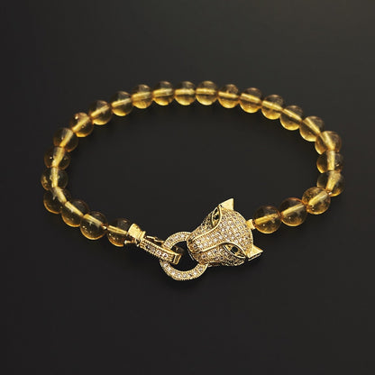 Handmade gemstone bracelet with genuine Citrine crystal and Iced Out Leopard Lock. Made in Manila Philippines for Cold Gold.co