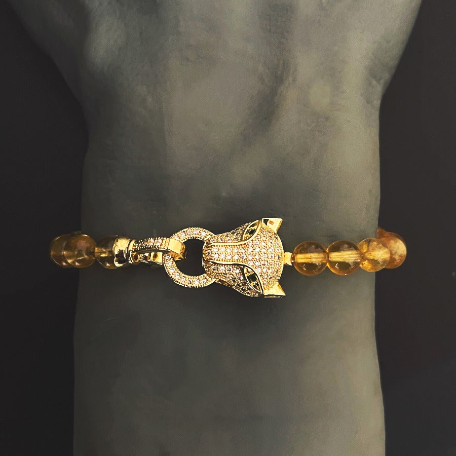Handmade gemstone bracelet with genuine Citrine crystal and Iced Out Leopard Lock. Made in Manila Philippines for Cold Gold.co