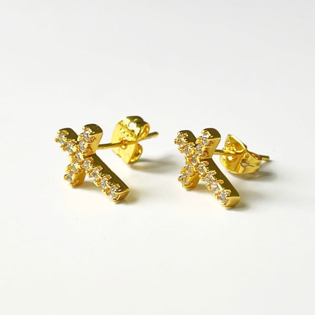 Golden Iced Out Cross Studs