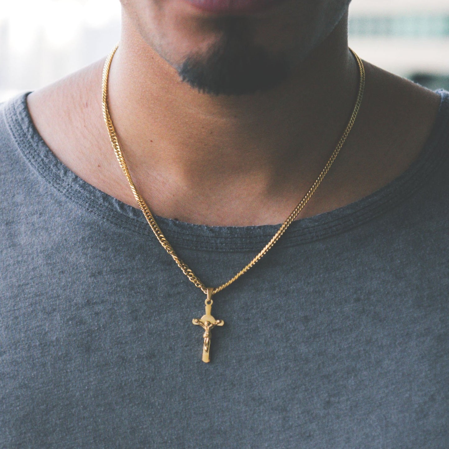 cold gold mini crucifix cross pendant with chain in gold pvd plating