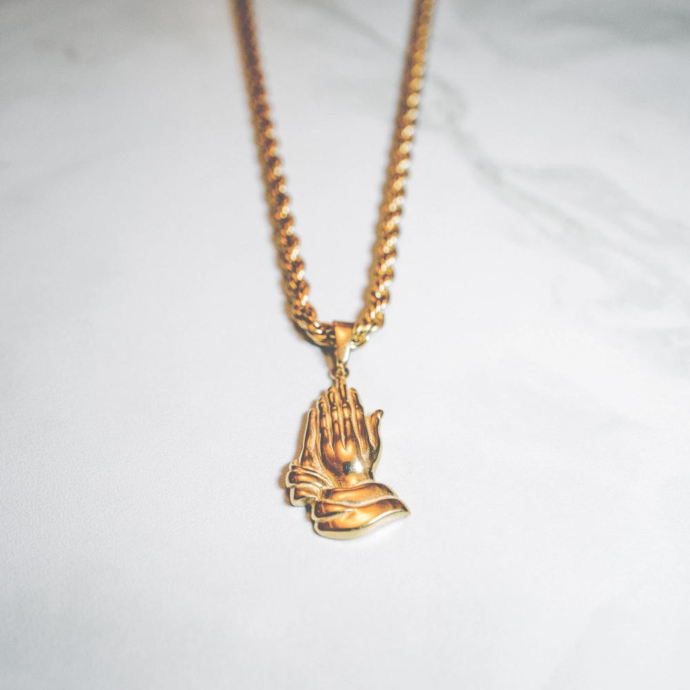 Praying Hands - Necklace - Cold Gold Mens Gold Urban Contemporary Hiphop Jewelry